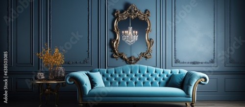 Room with blue sofa and old mirror © HN Works