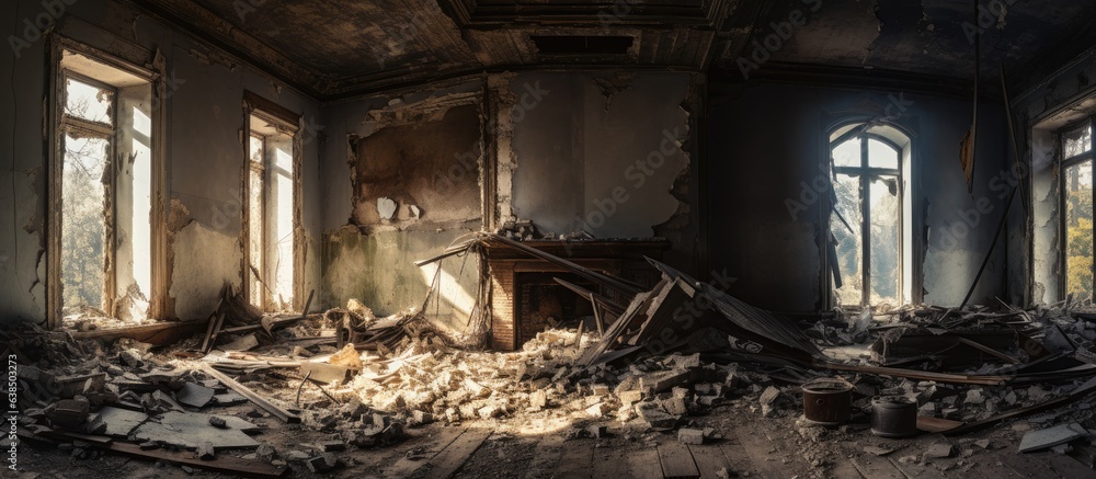 Interior of abandoned old house destroyed