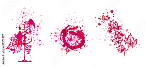 Colorful wine designs - Collection of wine glasses. Sketch vector illustration. Hand drawn elements for invitation cards, advertising banners and menus. Wine glasses with splashing wine. 