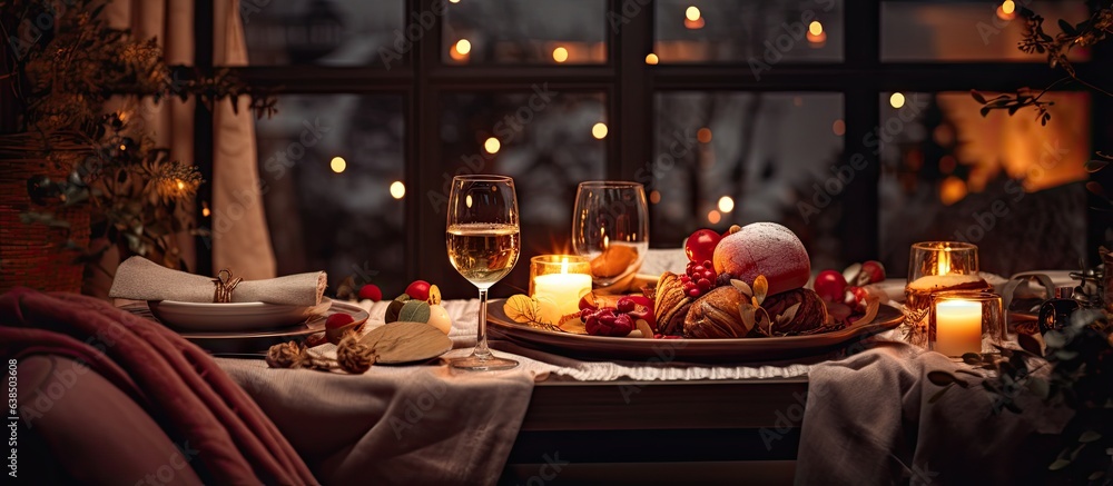 Cozy and festive Christmas eve dinner setting with beautiful table decoration indoors