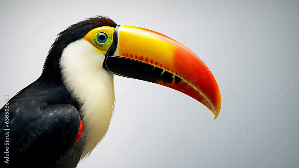 Naklejka premium Portrait d'un toucan isolé, fond et arrière-plan blanc et gris, vue de côté