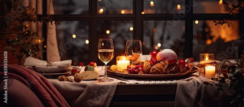 Cozy and festive Christmas eve dinner setting with beautiful table decoration indoors