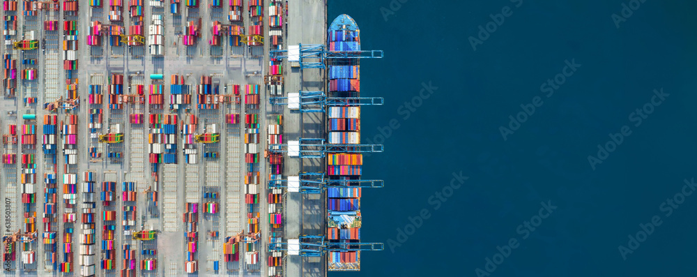 Industrial import-export port prepare to load containers. Aerial top view container ship in export and import global business and logistic. Global transportation and logistic business. - obrazy, fototapety, plakaty 
