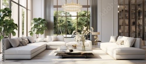 Digital image of a spacious and elegant living room rendered in