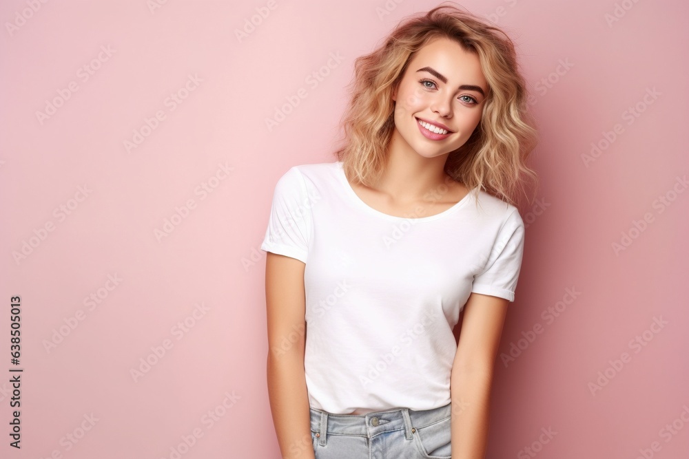 white tshirt worn by female fashion model pink background white tshirt worn by female fashion model pink background