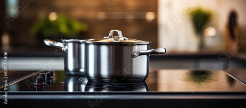 A focused look at metallic pot on sleek stove in contemporary kitchen