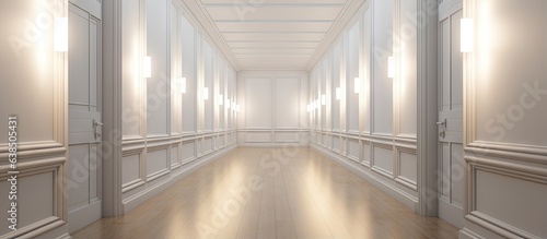 Bright cramped corridor with multiple white walled doors and a shimmering lamp above wooden flooring
