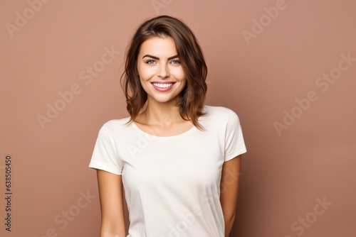 young attractive female wearing white tshirt for mock up on beige background