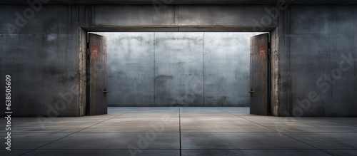 Indoor area with wooden doors concrete walls and an entrance for people