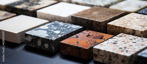 Close up samples of artificial stone for modern interior design in kitchens or bathrooms photo
