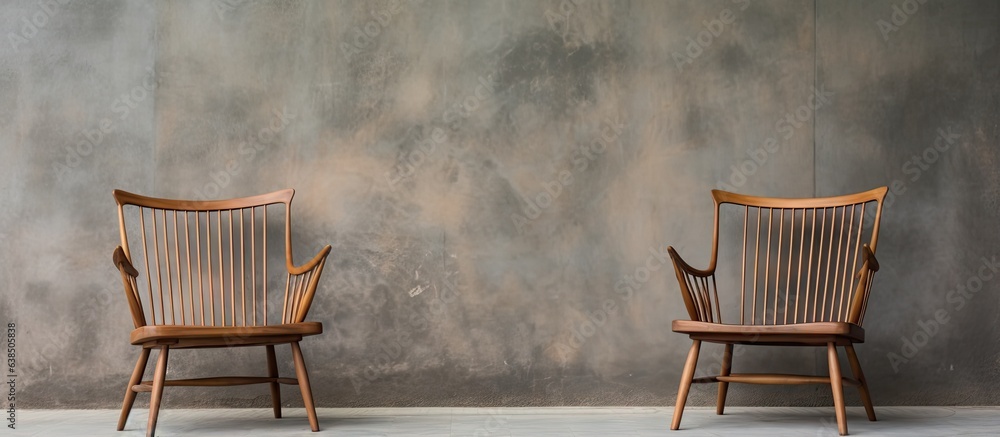 On a cement porch in front of the house there are two old wooden chairs ...