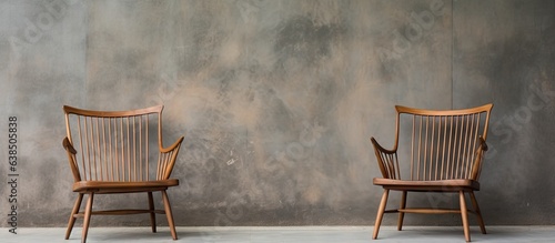 On a cement porch in front of the house there are two old wooden chairs and a polished cement wall