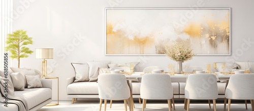 Dining table chairs in bright open space with sofa and gold painting on wall