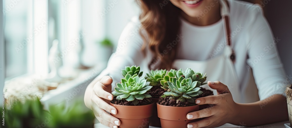 A girl is planting a green succulent Home gardening hobby handmade natural gift White background close up A girl is planting a green succulent Home gardening hobby handmade natural gift White background close up