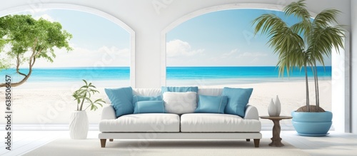 Classic living room with tropical beach view featuring a white sofa