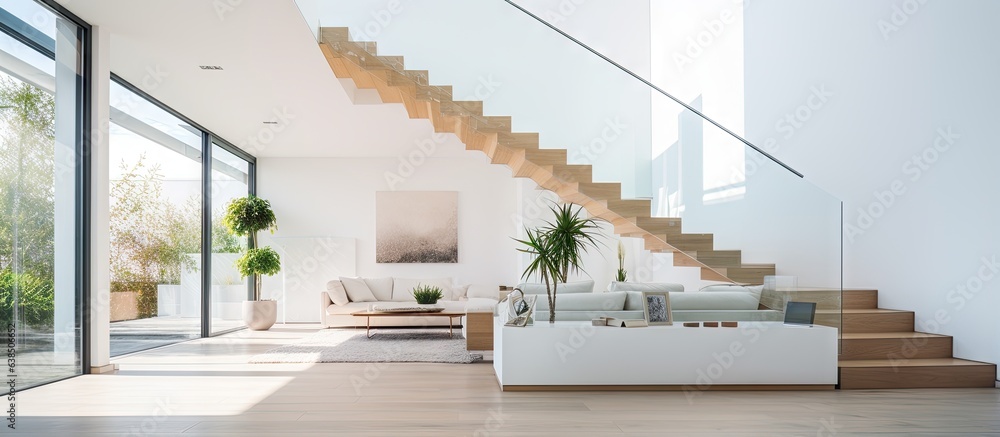 Modern house with white walls has a spacious room with a stairway that leads to a glass door living room