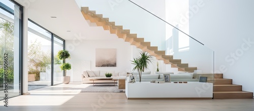 Fotografija Modern house with white walls has a spacious room with a stairway that leads to