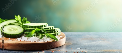 Cucumber slices on chopping block accompanied by rice