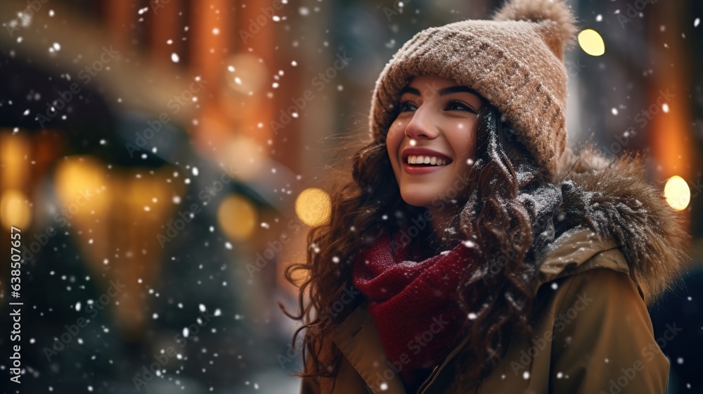 A young woman walks in the evening in the Christmas market, decorated with festive lights. winter holidays Design ai A young woman walks in the evening in the Christmas market, decorated with festive lights. winter holidays Design ai