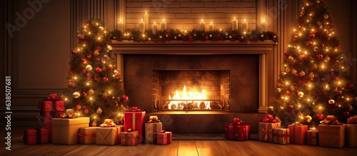 Digital illustration of Merry Christmas background showcasing gift Christmas Tree and fireplace in a decorated room