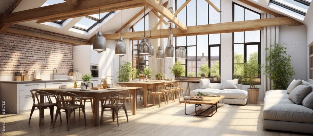 a sunlit loft with kitchen and sofa during summer
