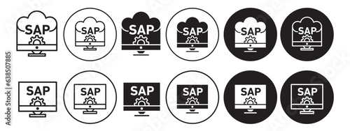 Sap Icon. Symbol of enterprise resource operation planning software. Vector set of online technology to computing data process and it's application in digital business. Flat outline of cloud program 