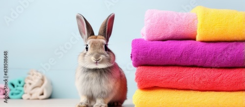 Close up of various colored towels and a rabbit isolated on a white background with hygiene items nearby © HN Works