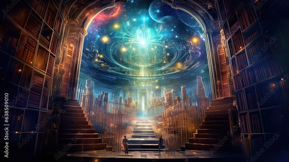 Glowing fantasy portal in a library, dream scenario