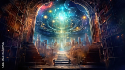 Glowing fantasy portal in a library  dream scenario