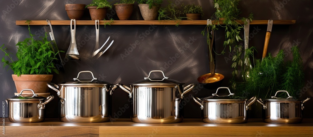 Steel pots in the kitchen on the shelf Steel pots in the kitchen on the shelf