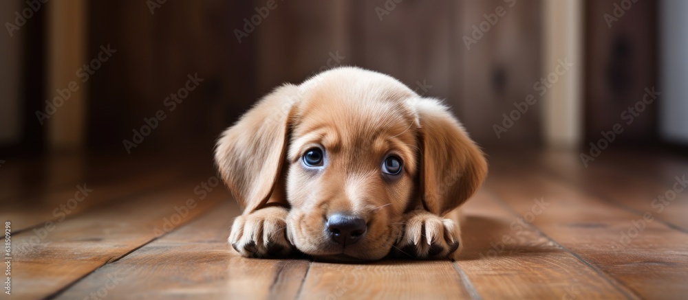 Cute dog rests on the ground