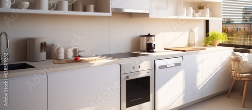 Modern ovens countertop with sink white cabinets stylish kitchen sunlight contemporary apartment © HN Works