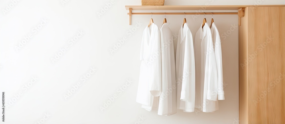Bathrobe in wardrobe with wooden hangers Bathrobe in wardrobe with wooden hangers