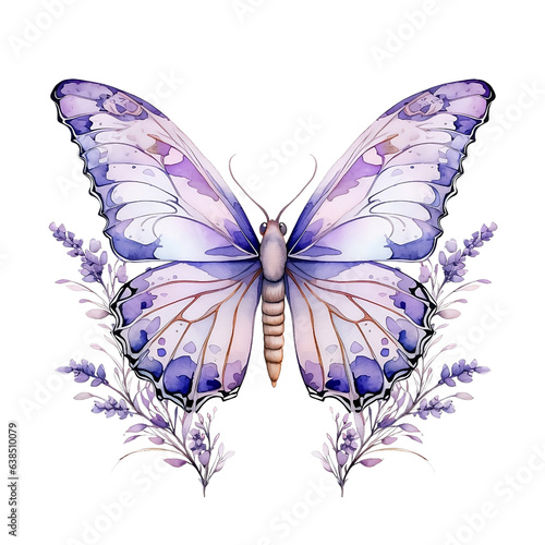 purple butterfly with lavender. watercolor illustration. butterflies and flower photo