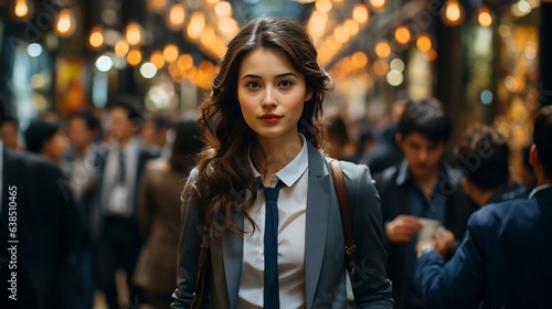 Portrait of young beautiful business woman walking in the city, looking at camera.