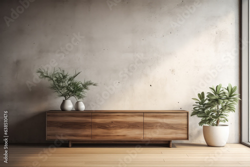 Beige wooden sideboard in front of a wall in a minimalistic interior design composition. 