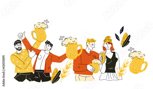 People raise a toast and clink glasses of beer doodle style vector illustration isolated on white background. Banner or party invitation backdrop design for Oktoberfest or beer festival.