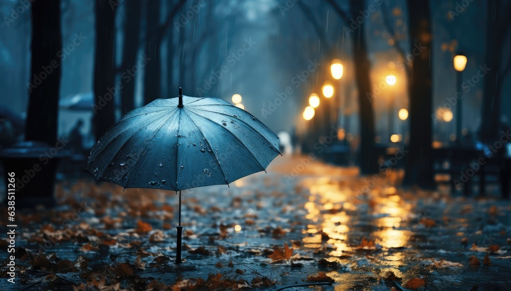 Blue umbrella under rain with bokeh light background. Illustration. Generative AI. Rainy day. Waterdrop