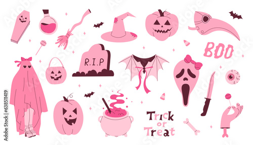 Set of Halloween different stickers. Set of isolated decorative elements ghost, mask, knife, witch's cauldron, eye, pumpkin, bat. Vector stock illustration isolated on white background.