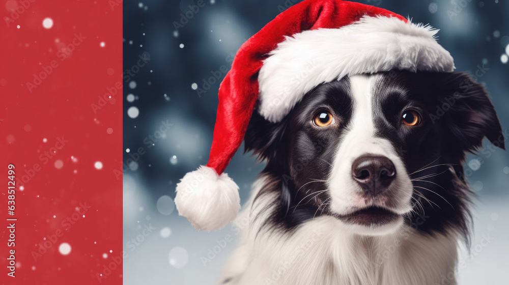 Christmas sale mockup with australian shepherd dog in red santa hat on snowy winter background. Empty space for product placement or promotional text.