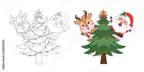 Santa Claus  Reindeer and Christmas tree  Christmas theme line art doodle cartoon illustration  Merry Christmas.