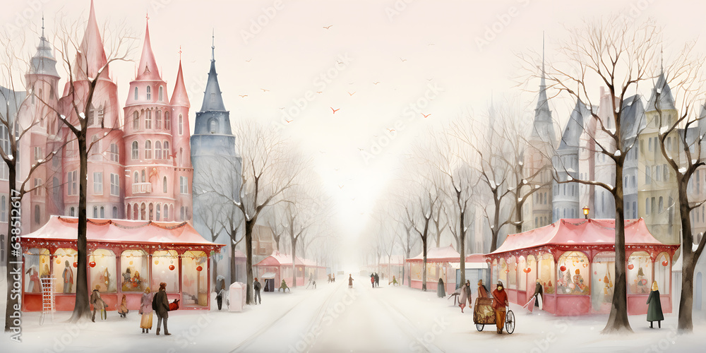 Obraz premium Christmas Fair winter city street watercolor illustration