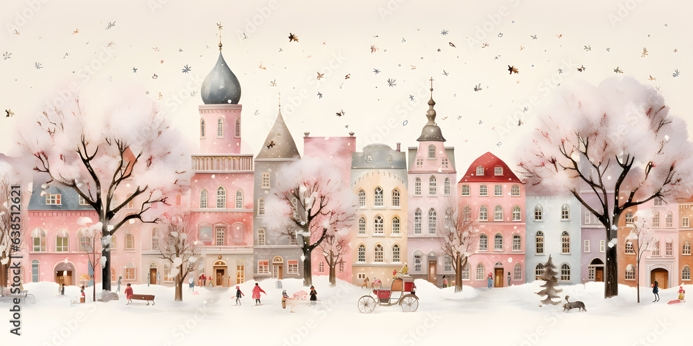 Christmas Fair winter city street watercolor illustration