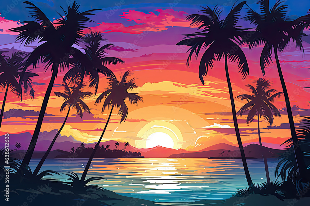 Landscape on a tropical island with palm trees at sunset.