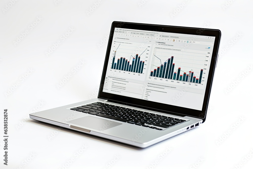 Financial charts and tables on a laptop screen with a white background. Financial charts and tables on a laptop screen with a white background.