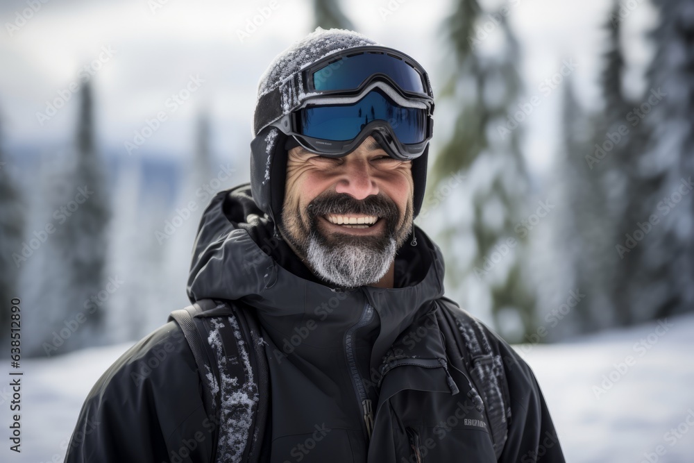 Portrait of a senior man with snowboard in the mountains. Portrait of a senior man with snowboard in the mountains.