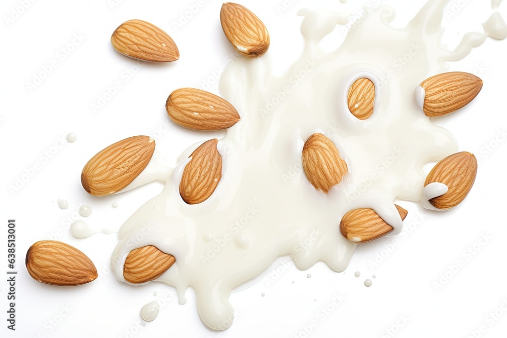 Almond nuts with a splash of almond milk on a white background.