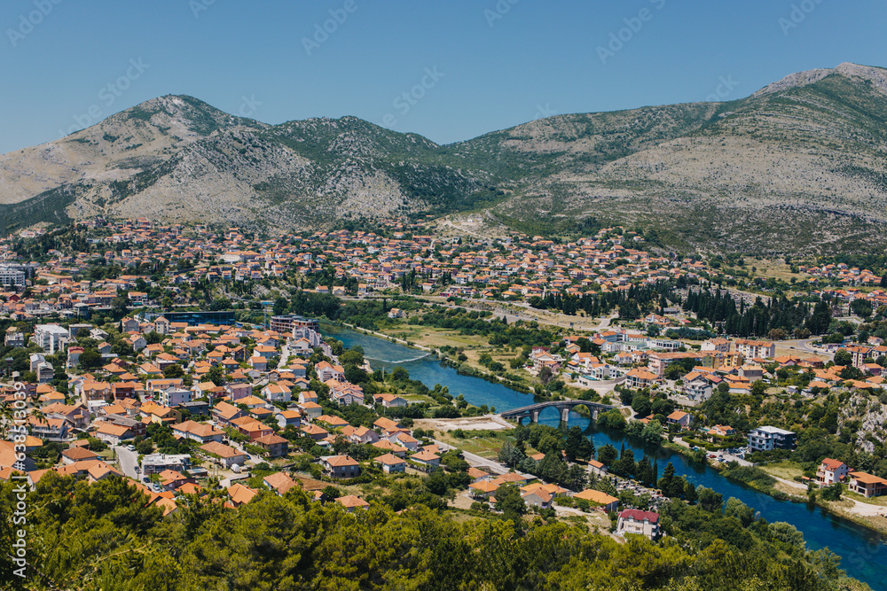 Amazing view of Trebinje city from the hill in a sunny day. Travel destination in Bosnia and Herzegovina.