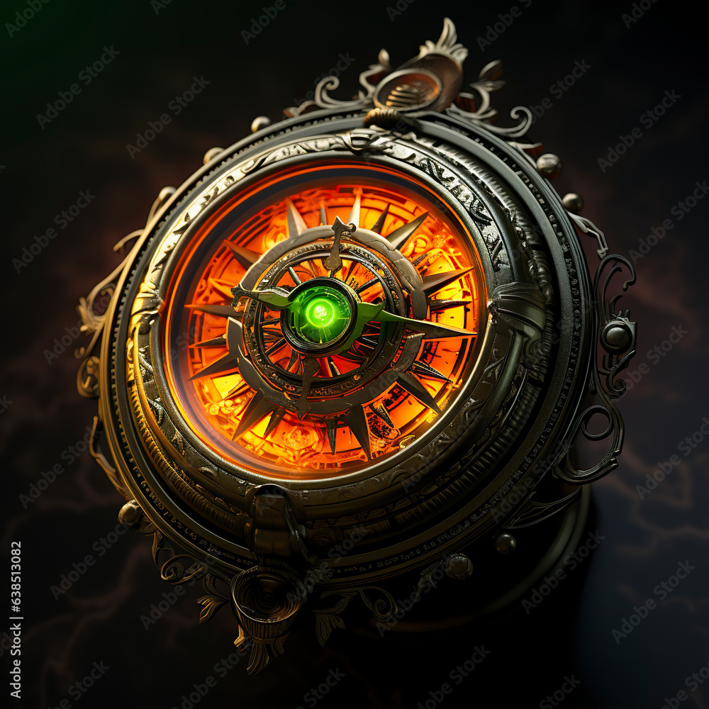 Obraz premium A neon orange and green pirate compass casts its enchanting glow. Exotic pirate compass with a fusion of vibrant colors guiding the way through uncharted seas.