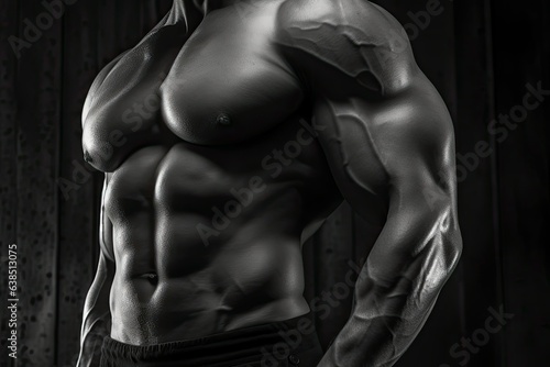 Male muscular torso on a black background.